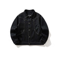 Raw Black Denim Curved Topstitch Rivet Lapel Jacket for Men