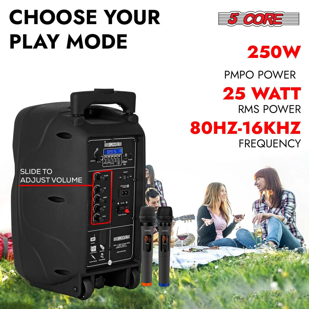8 inch PA Portable Bluetooth Party Speaker Karaoke Boombox + 2 Wireless Mics