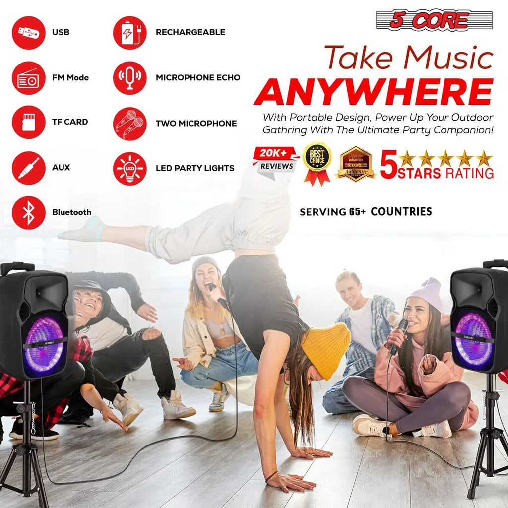 8 inch PA Portable Bluetooth Party Speaker Karaoke Boombox + 2 Wireless Mics