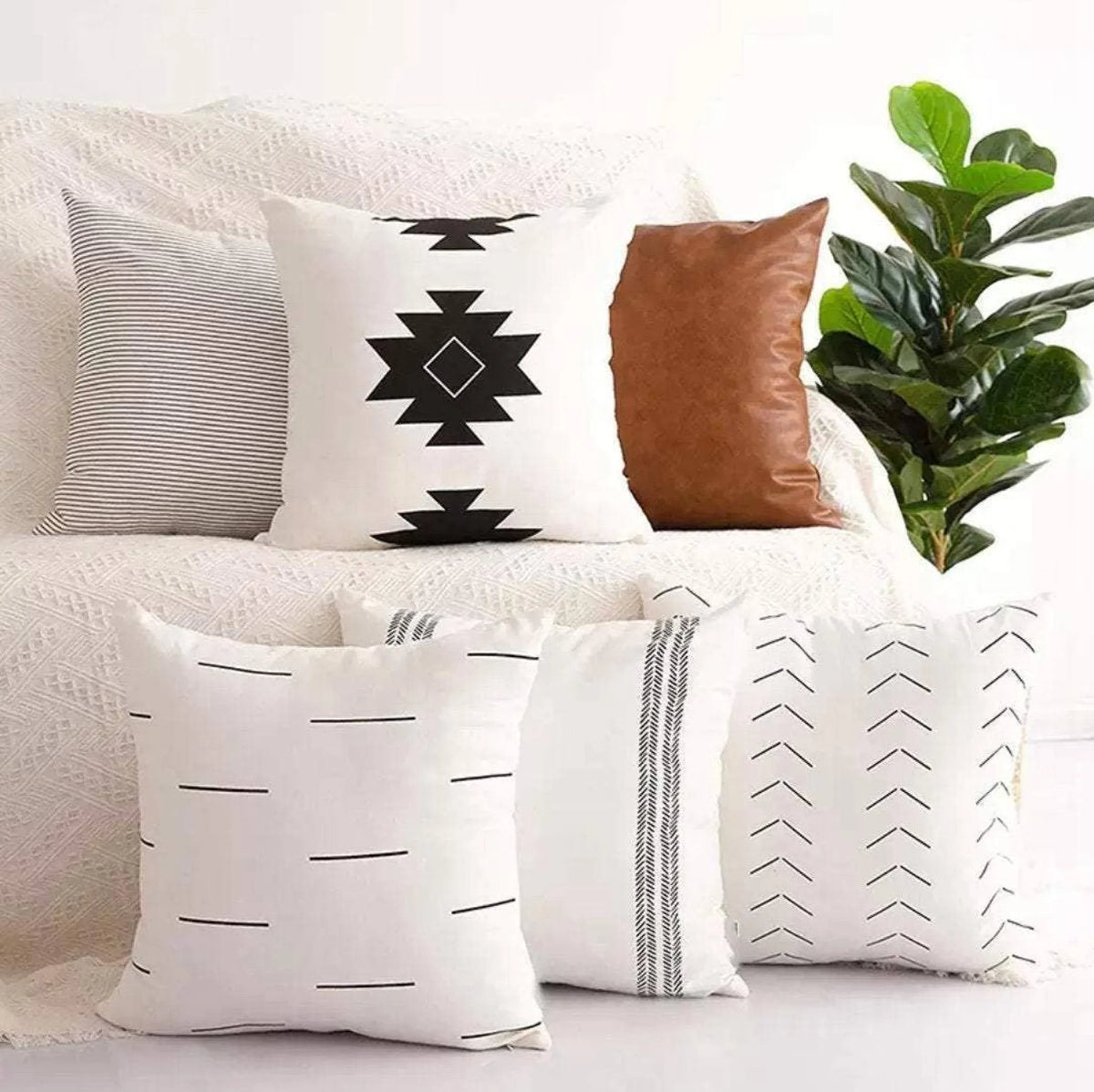 Cotton And Faux Leather Throw Pillow Cover Set 6