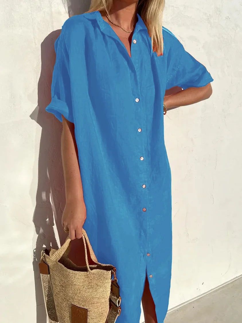 Loose Short Sleeve Button-Up Dress for Women
