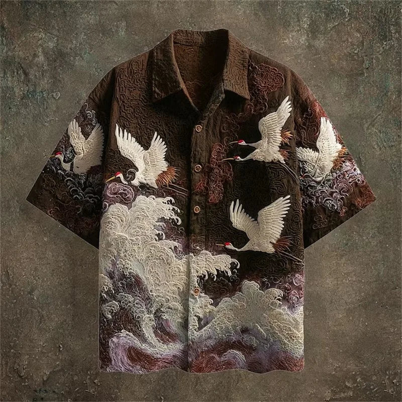 2026 New Men's Retro Color-Block Short-Sleeve Shirt – Casual Fashion Top Featuring Red-Crowned Crane and Ethnic Tribal Patterns