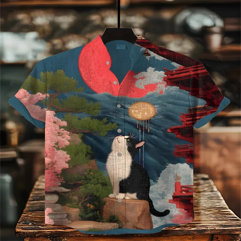 Summer casual men's retro print Japanese art shirt, short sleeve, stand collar, designer social men's clothing