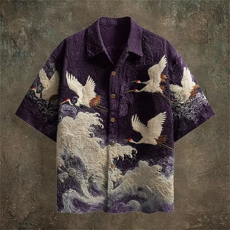 2026 New Men's Retro Color-Block Short-Sleeve Shirt – Casual Fashion Top Featuring Red-Crowned Crane and Ethnic Tribal Patterns