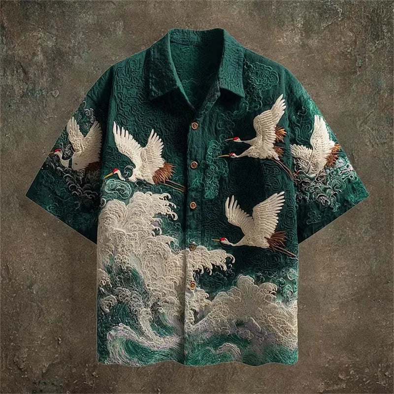 2026 New Men's Retro Color-Block Short-Sleeve Shirt – Casual Fashion Top Featuring Red-Crowned Crane and Ethnic Tribal Patterns