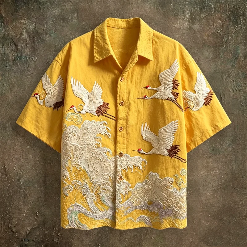2026 New Men's Retro Color-Block Short-Sleeve Shirt – Casual Fashion Top Featuring Red-Crowned Crane and Ethnic Tribal Patterns