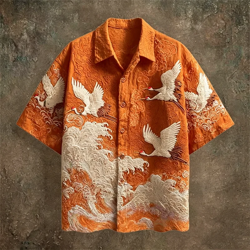 2026 New Men's Retro Color-Block Short-Sleeve Shirt – Casual Fashion Top Featuring Red-Crowned Crane and Ethnic Tribal Patterns