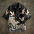 2026 New Men's Retro Color-Block Short-Sleeve Shirt – Casual Fashion Top Featuring Red-Crowned Crane and Ethnic Tribal Patterns