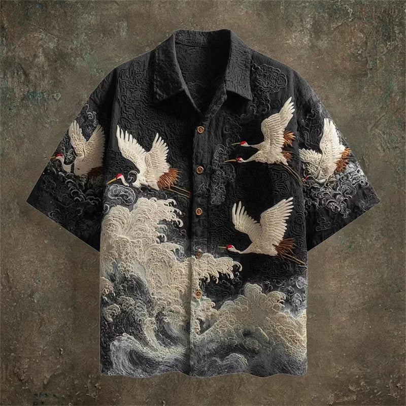 2026 New Men's Retro Color-Block Short-Sleeve Shirt – Casual Fashion Top Featuring Red-Crowned Crane and Ethnic Tribal Patterns