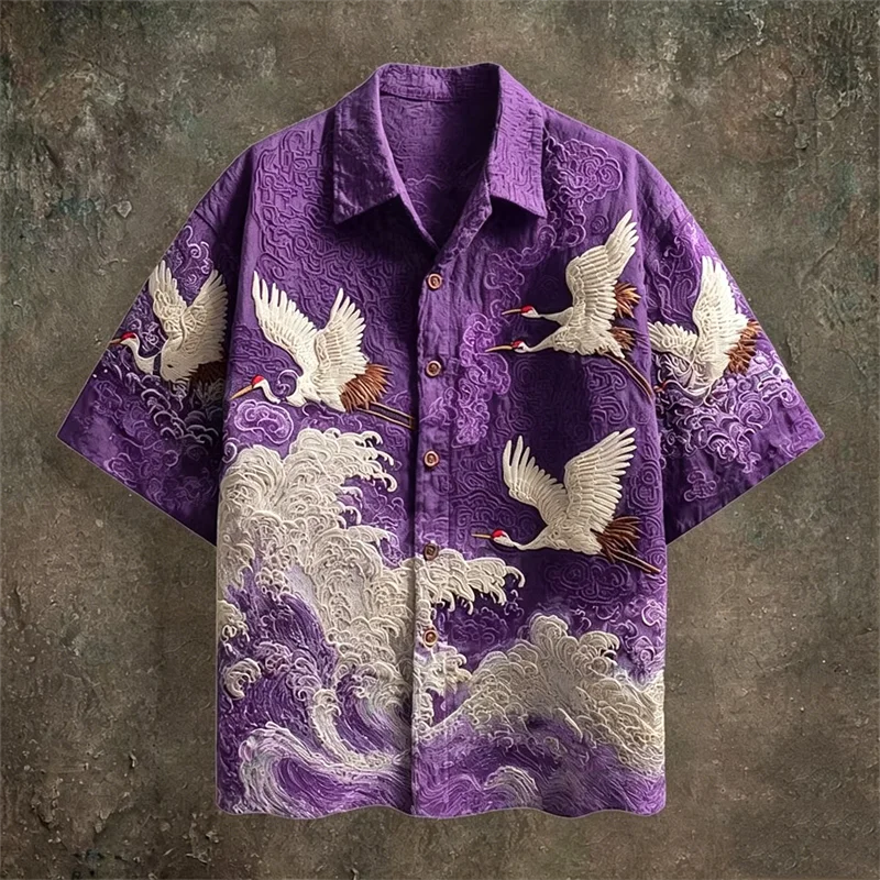 2026 New Men's Retro Color-Block Short-Sleeve Shirt – Casual Fashion Top Featuring Red-Crowned Crane and Ethnic Tribal Patterns
