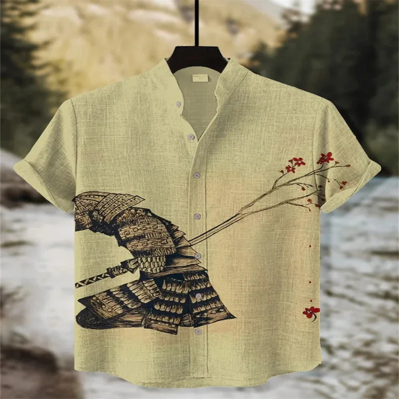 Summer casual men's retro print Japanese art shirt, short sleeve, stand collar, designer social men's clothing
