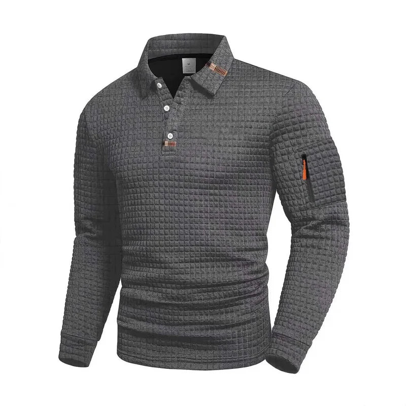 Men's Casual Long-Sleeve Jacquard Solid Color Polo Shirt, Fashionable Autumn/Winter New Style, Casual Men's Clothing, Fast Shipp