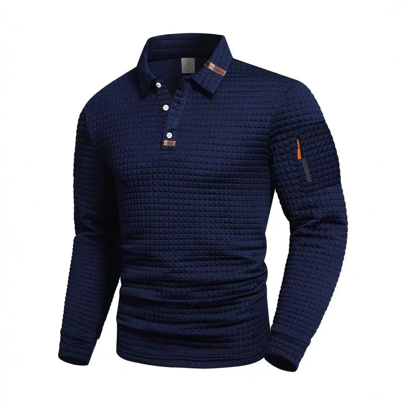 Men's Casual Long-Sleeve Jacquard Solid Color Polo Shirt, Fashionable Autumn/Winter New Style, Casual Men's Clothing, Fast Shipp