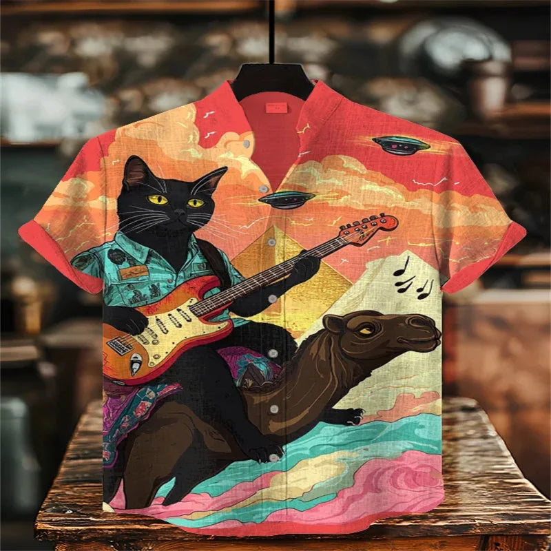 Summer casual men's retro print Japanese art shirt, short sleeve, stand collar, designer social men's clothing