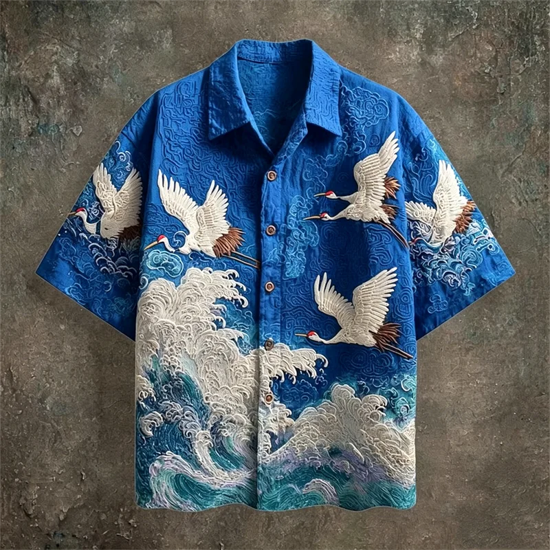 2026 New Men's Retro Color-Block Short-Sleeve Shirt – Casual Fashion Top Featuring Red-Crowned Crane and Ethnic Tribal Patterns