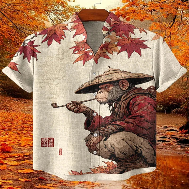 Summer casual men's retro print Japanese art shirt, short sleeve, stand collar, designer social men's clothing