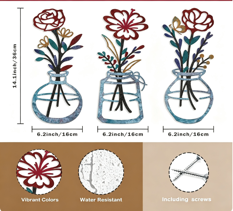 Hot selling Wall Decoration Background Iron Art Painting New Metal Vase Wall Hanging Wall Decoration Bedroom Living Room Home Fu