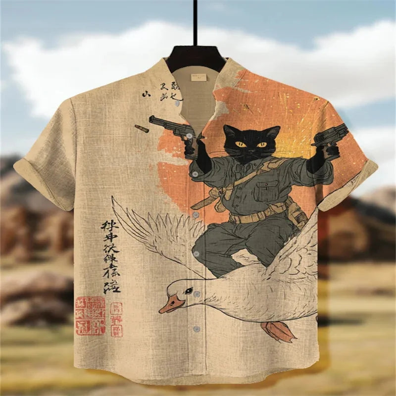 Summer casual men's retro print Japanese art shirt, short sleeve, stand collar, designer social men's clothing