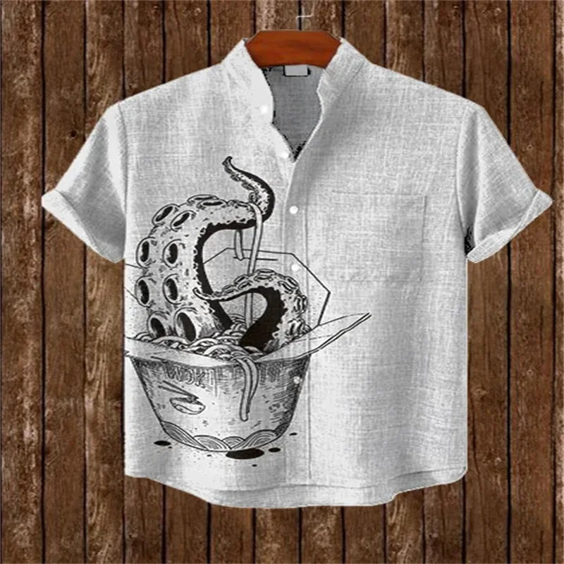 Summer casual men's retro print Japanese art shirt, short sleeve, stand collar, designer social men's clothing