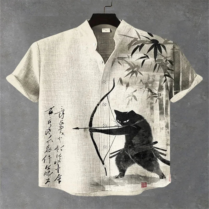 Summer casual men's retro print Japanese art shirt, short sleeve, stand collar, designer social men's clothing