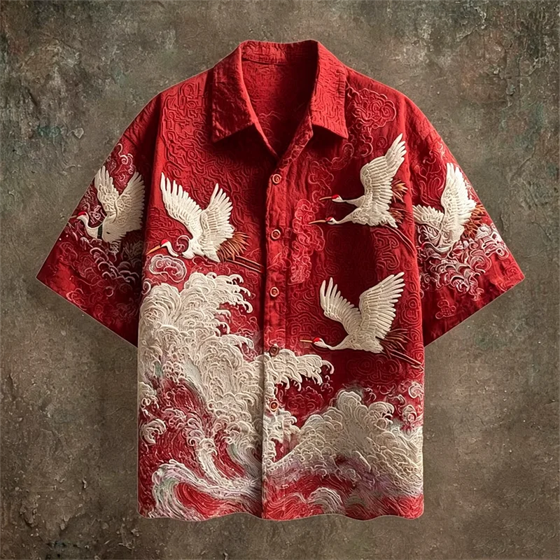 2026 New Men's Retro Color-Block Short-Sleeve Shirt – Casual Fashion Top Featuring Red-Crowned Crane and Ethnic Tribal Patterns
