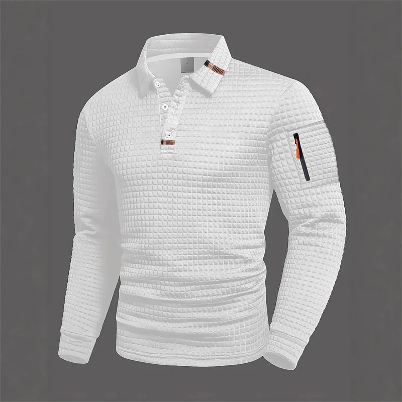 Men's Casual Long-Sleeve Jacquard Solid Color Polo Shirt, Fashionable Autumn/Winter New Style, Casual Men's Clothing, Fast Shipp