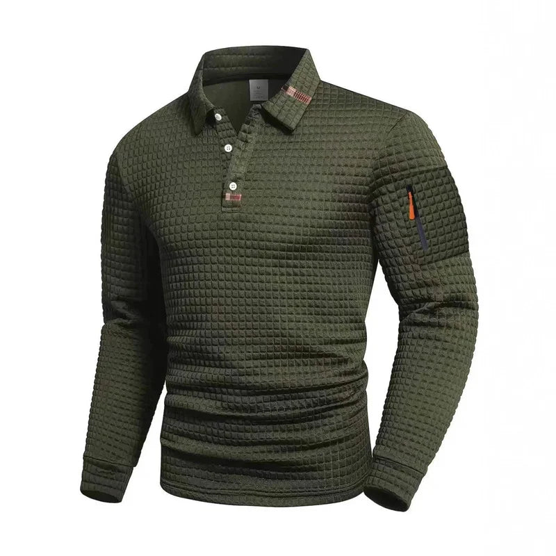 Men's Casual Long-Sleeve Jacquard Solid Color Polo Shirt, Fashionable Autumn/Winter New Style, Casual Men's Clothing, Fast Shipp