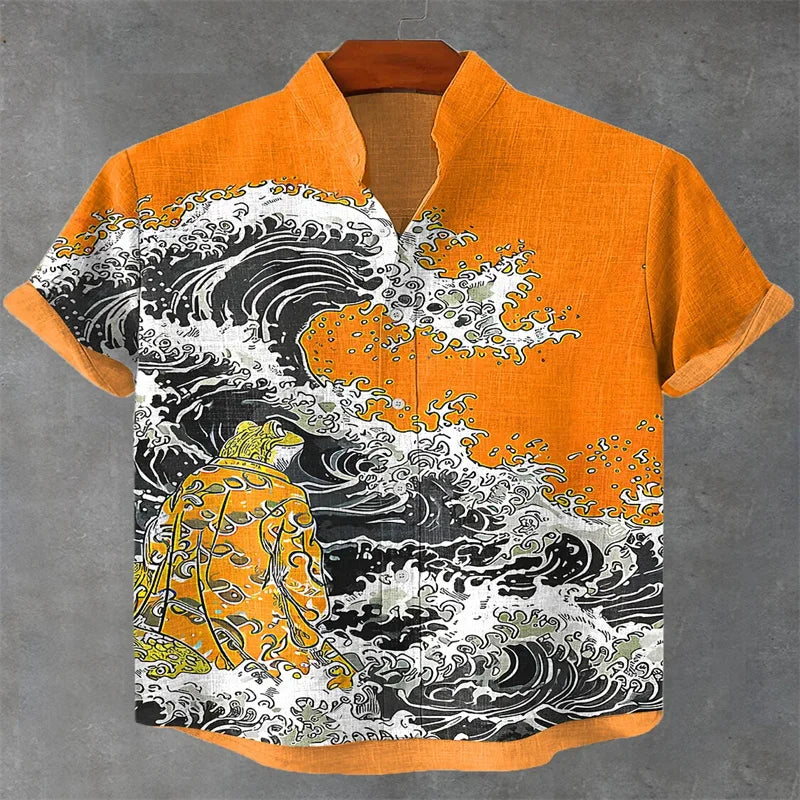 Summer casual men's retro print Japanese art shirt, short sleeve, stand collar, designer social men's clothing