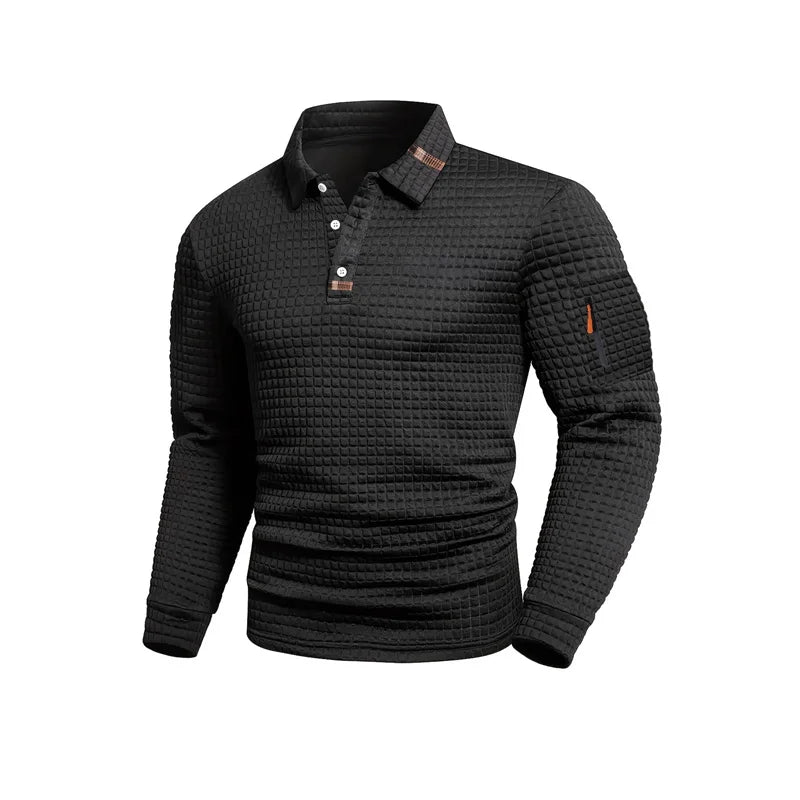 Men's Casual Long-Sleeve Jacquard Solid Color Polo Shirt, Fashionable Autumn/Winter New Style, Casual Men's Clothing, Fast Shipp