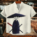 Summer casual men's retro print Japanese art shirt, short sleeve, stand collar, designer social men's clothing