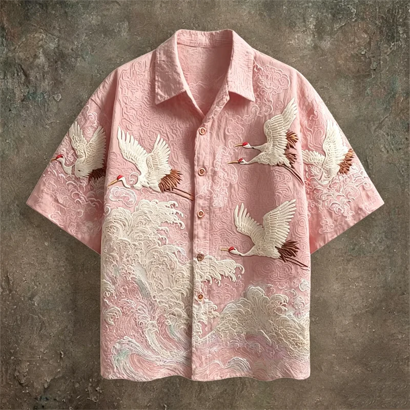 2026 New Men's Retro Color-Block Short-Sleeve Shirt – Casual Fashion Top Featuring Red-Crowned Crane and Ethnic Tribal Patterns