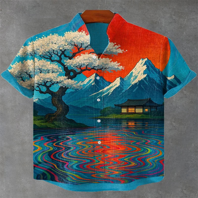 Summer casual men's retro print Japanese art shirt, short sleeve, stand collar, designer social men's clothing