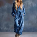 Causal Printed Denim Long Sleeve Jumpsuit with Large Pockets for Women