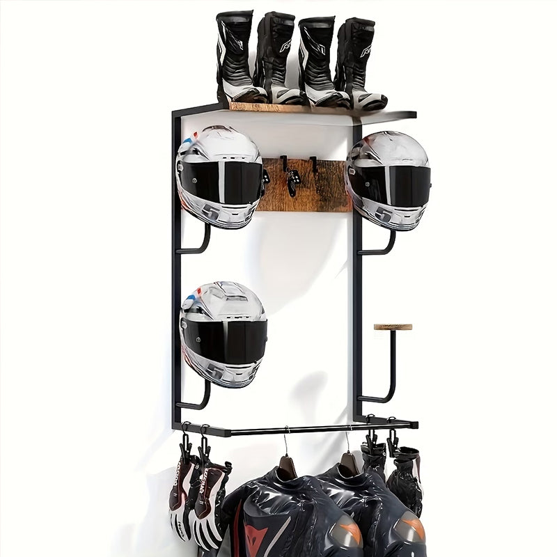 Wooden Motorcycle Helmet Wall Mount, 4 Hat Racks with 4 Helmet Hooks, Wall Display Storage for Bike Gear
