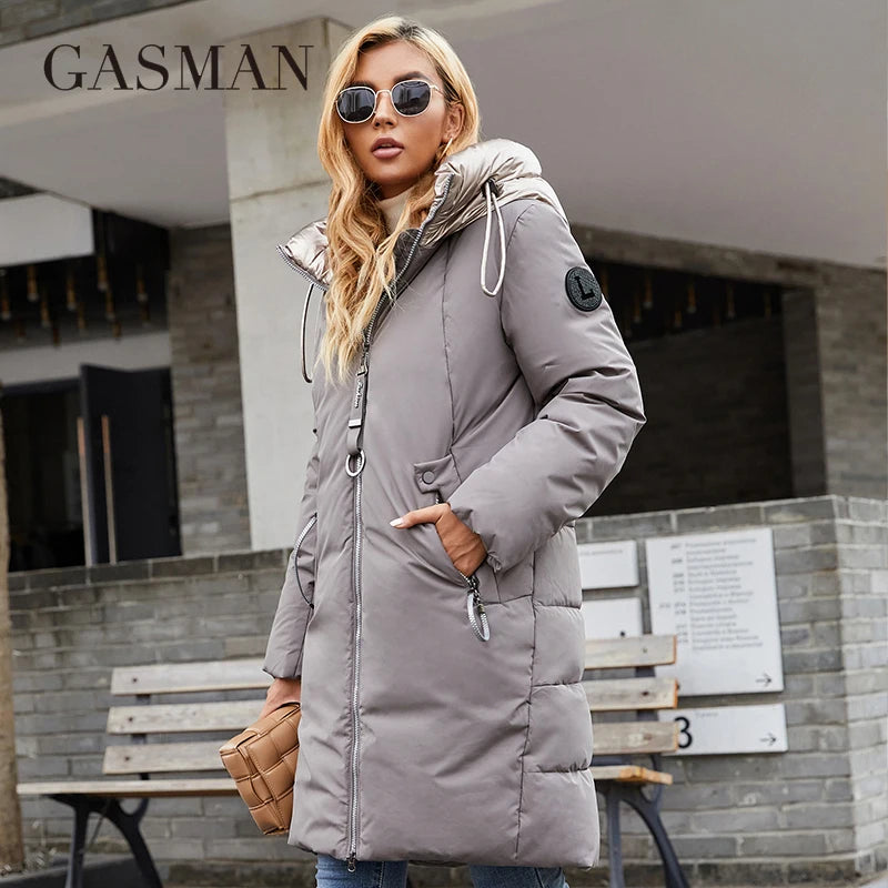 GASMAN 2022 Women's winter jacket Mid-length warm Fashion Coat women zipper Hooded Contrasting brand down jacket female 21113