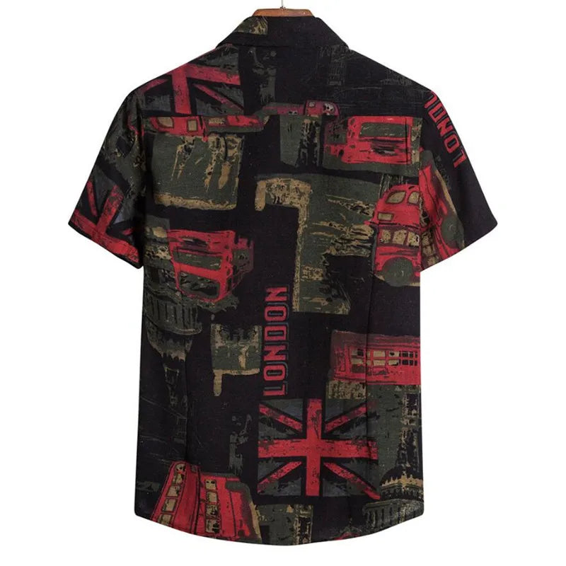 Summer Fashion Casual Men Baggy Beach Hawaiian Print Short Sleeve Button Retro Shirts Tops Men's Cotton Linen Shirt