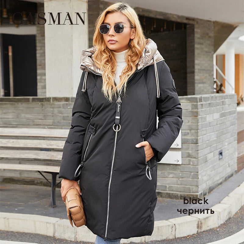 GASMAN 2022 Women's winter jacket Mid-length warm Fashion Coat women zipper Hooded Contrasting brand down jacket female 21113