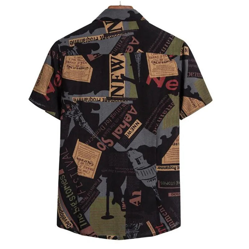Summer Fashion Casual Men Baggy Beach Hawaiian Print Short Sleeve Button Retro Shirts Tops Men's Cotton Linen Shirt
