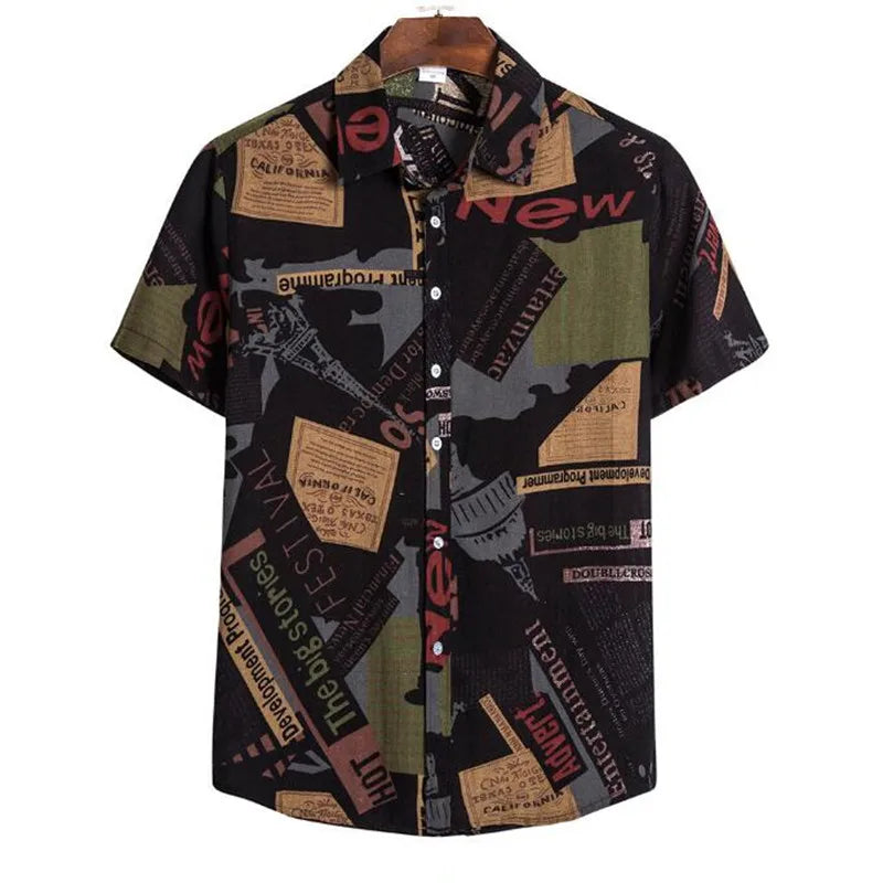 Summer Fashion Casual Men Baggy Beach Hawaiian Print Short Sleeve Button Retro Shirts Tops Men's Cotton Linen Shirt