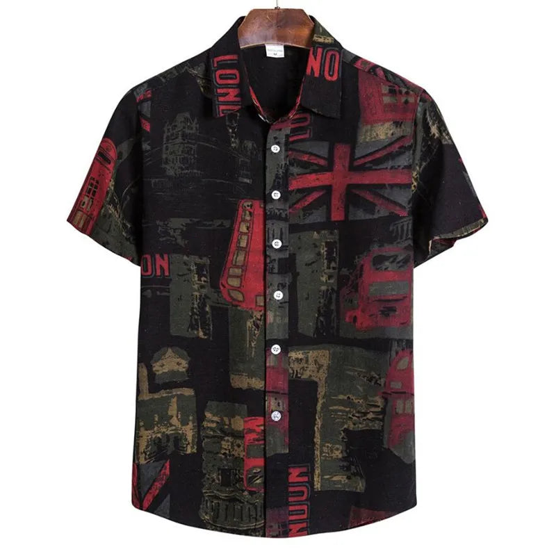 Summer Fashion Casual Men Baggy Beach Hawaiian Print Short Sleeve Button Retro Shirts Tops Men's Cotton Linen Shirt