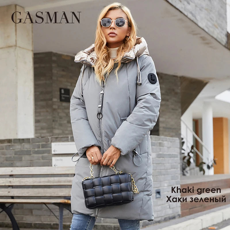 GASMAN 2022 Women's winter jacket Mid-length warm Fashion Coat women zipper Hooded Contrasting brand down jacket female 21113