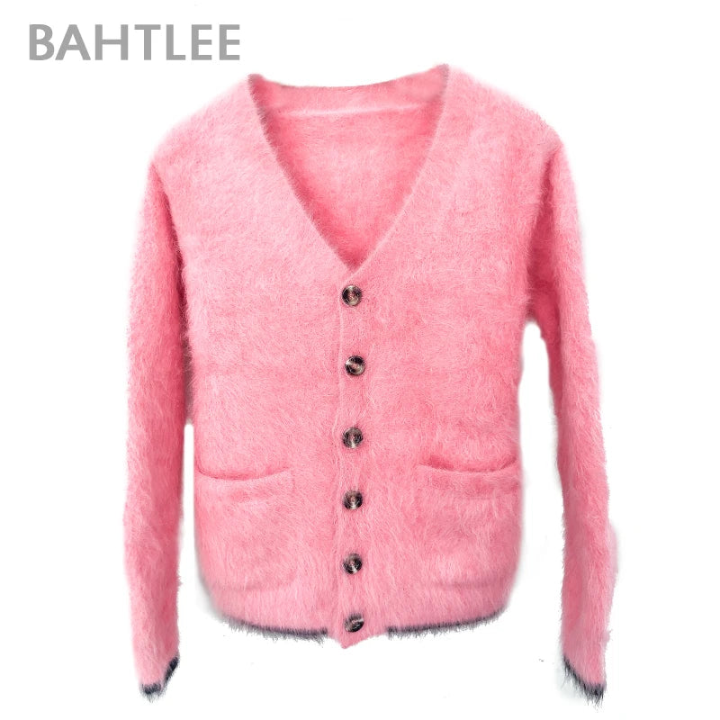 BAHTLEE-Knitted Short Cardigans with Pocket for Women, Wool Sweater, Angora Coat, Long Sleeves, V-Neck, Winter