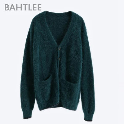 BAHTLEE-Knitted Short Cardigans with Pocket for Women, Wool Sweater, Angora Coat, Long Sleeves, V-Neck, Winter