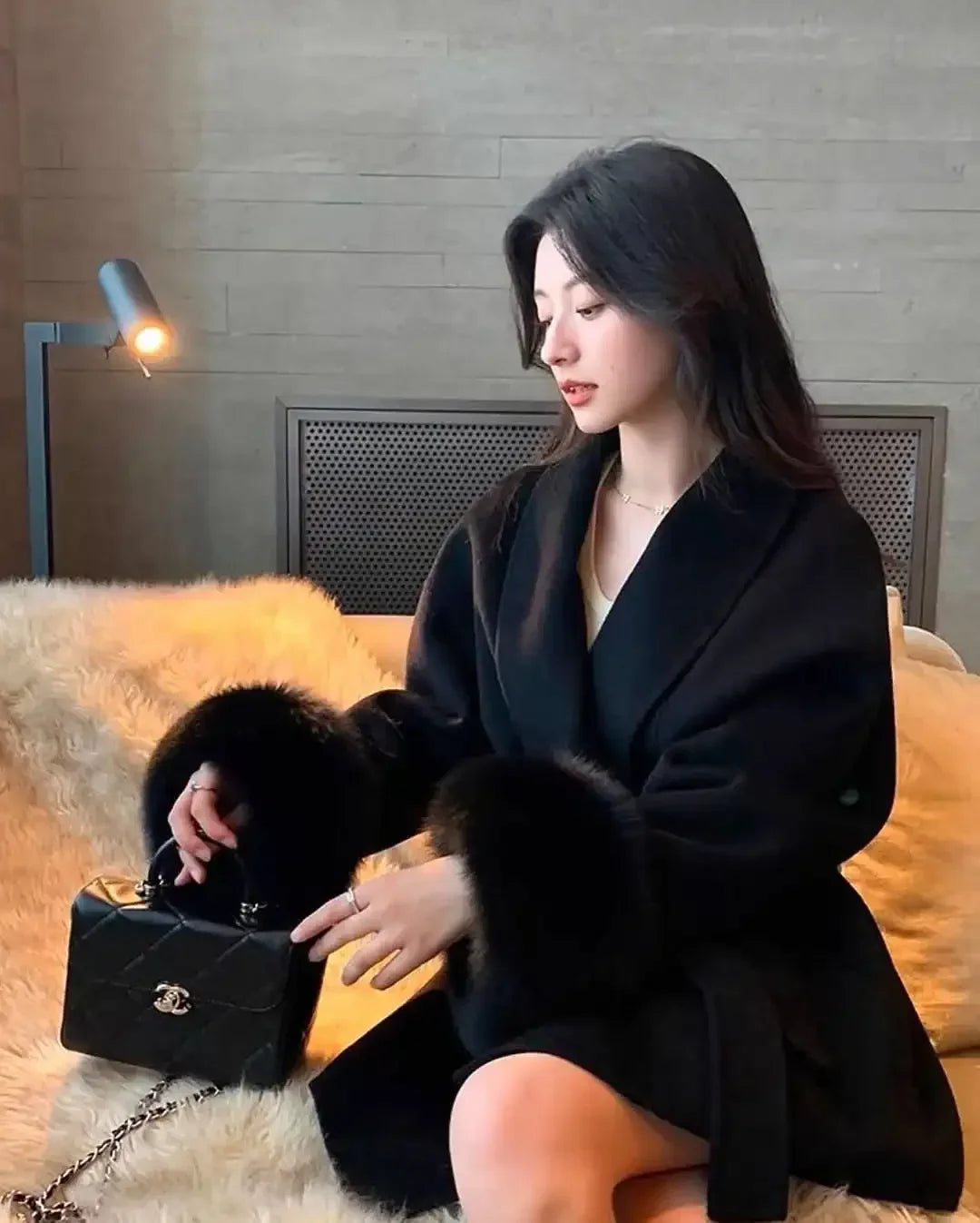 Blue Lace Up Plush Fur Sleeve Jacket Women Elegant Medium Length V-neck Woolen Coat New Autumn Casual Fashion Commuter Outwear