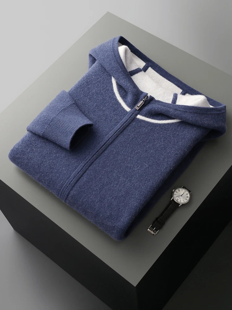 Luxury Men's 100% Cashmere Hooded Sweater Cardigan Casual Cashmere Pants Thick Warm Knitwear Autumn Winter Jacket Hoodie Tops