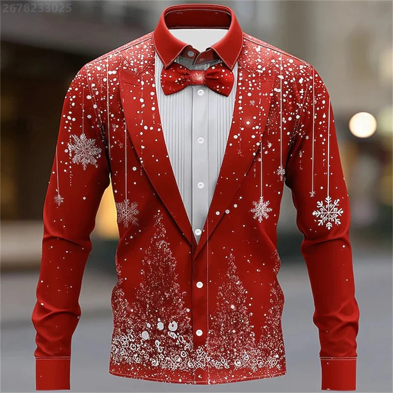 Men's Christmas shirt, casual fashion design, holiday party men's top, long sleeve lapel men's high-end clothing XS-6XL size