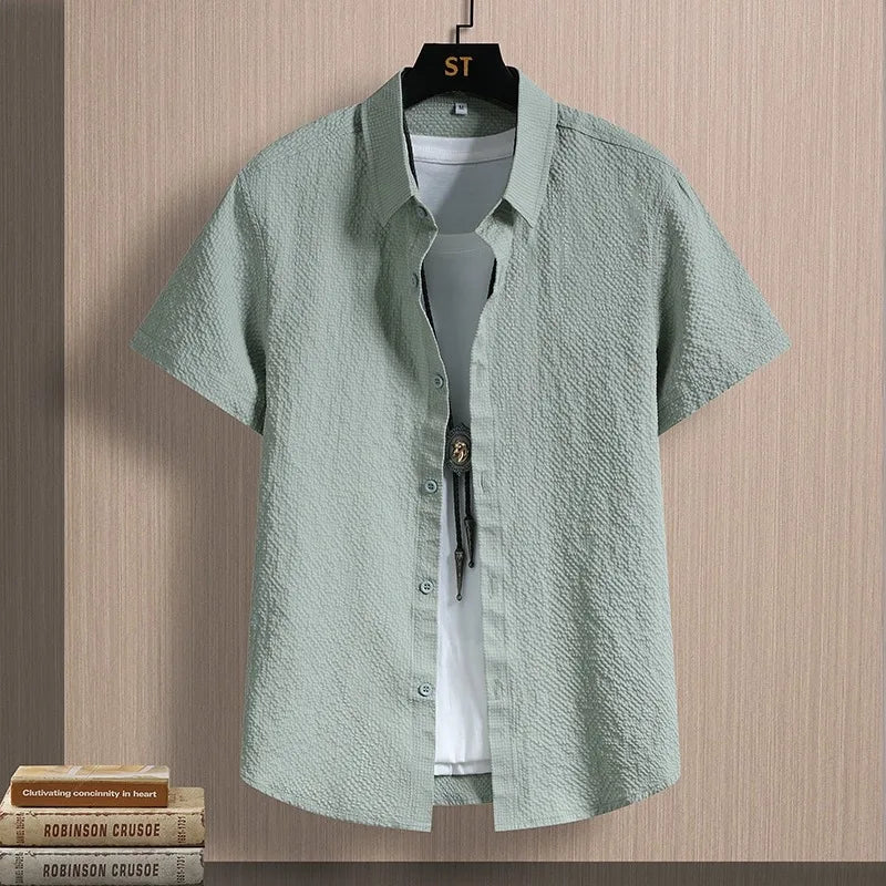 Men's Shirts Seersucker Short Sleeve Male Shirts Summer Casual Business Textured Solid Button Up Office Top