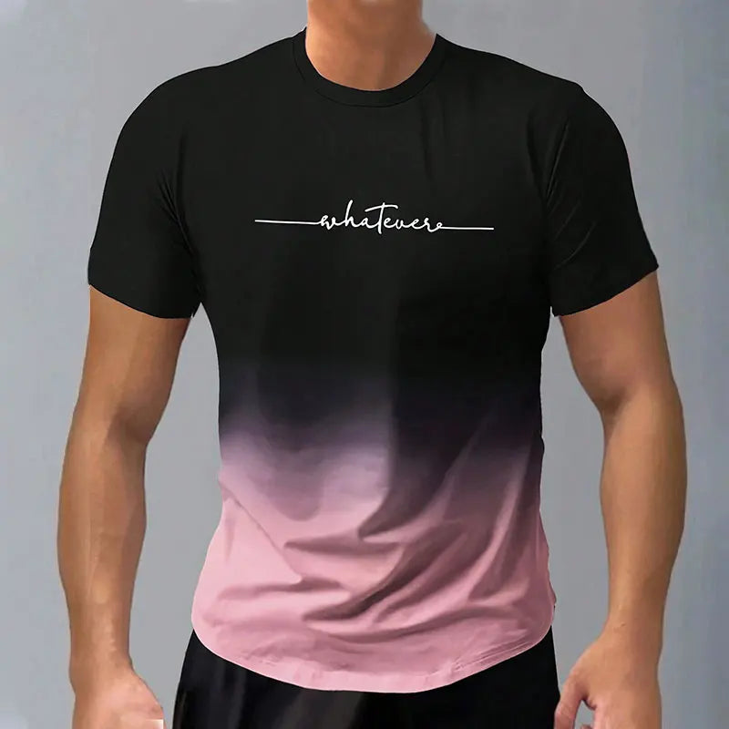 Casual Men's Trendy Short-Sleeved Gradient Letter Printed Round Neck T-Shirt Clothing Spring And Autumn Fitness Sports Tops