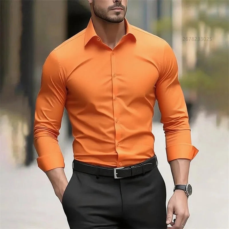 Solid Color Men's Shirt Casual White Shirt, High Quality Solid Color Long Sleeve Stretch Fabric, Business Formal Shirt, XS-6XL