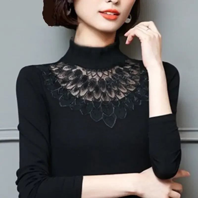 Woman Tshirts Autumn  Winter Lace  Women's Long Sleeve Turtleneck Stretch T-shirt Tops Mujer Camisetas